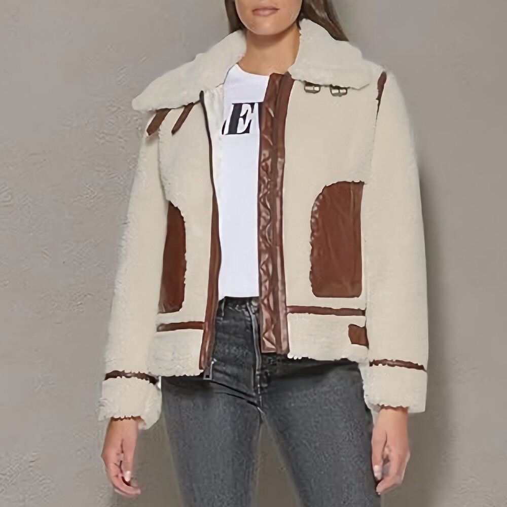 Levi's Cream Sherpa Jacket with Brown Leather Trim